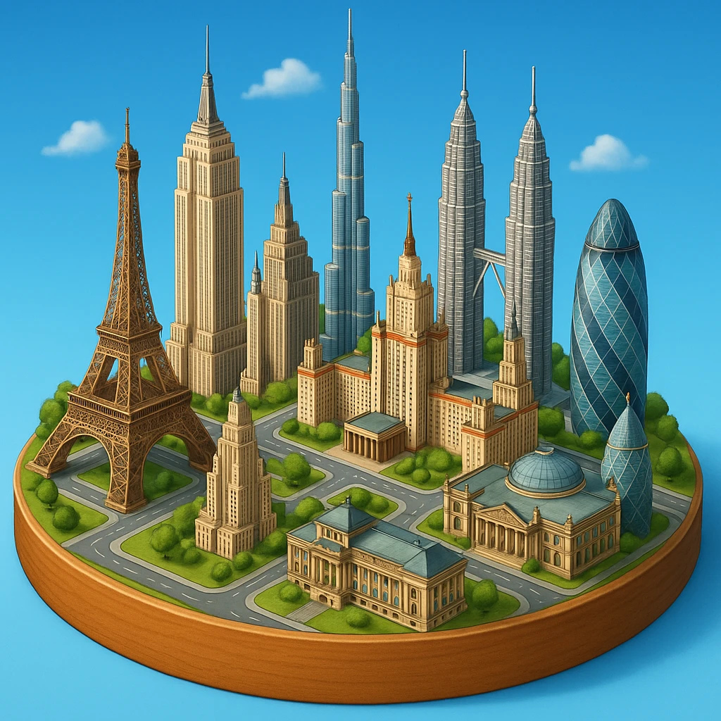Оставь основу картинки - деревянную подставку, но при этом сгенерируй изометричная, яркая, детализированная и фотореалистичная иллюстрация где будет самые узнаваемые здания мира Эмпайр Стейт Билдинг, Эйфелева башня, здание МГУ, Бурдж-Халифа, Башни Петронас, Небоскрёб Фостера в Лондоне, Рейхстаг, Тайбэй emoji