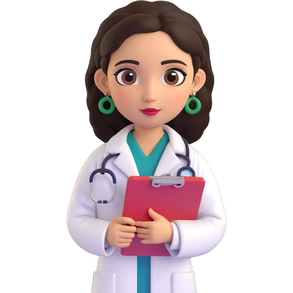cute Mexican doctor girl, holding clipboard, wearing white coat, traditional Mexican earrings, big eyes, 3D cartoon style emoji