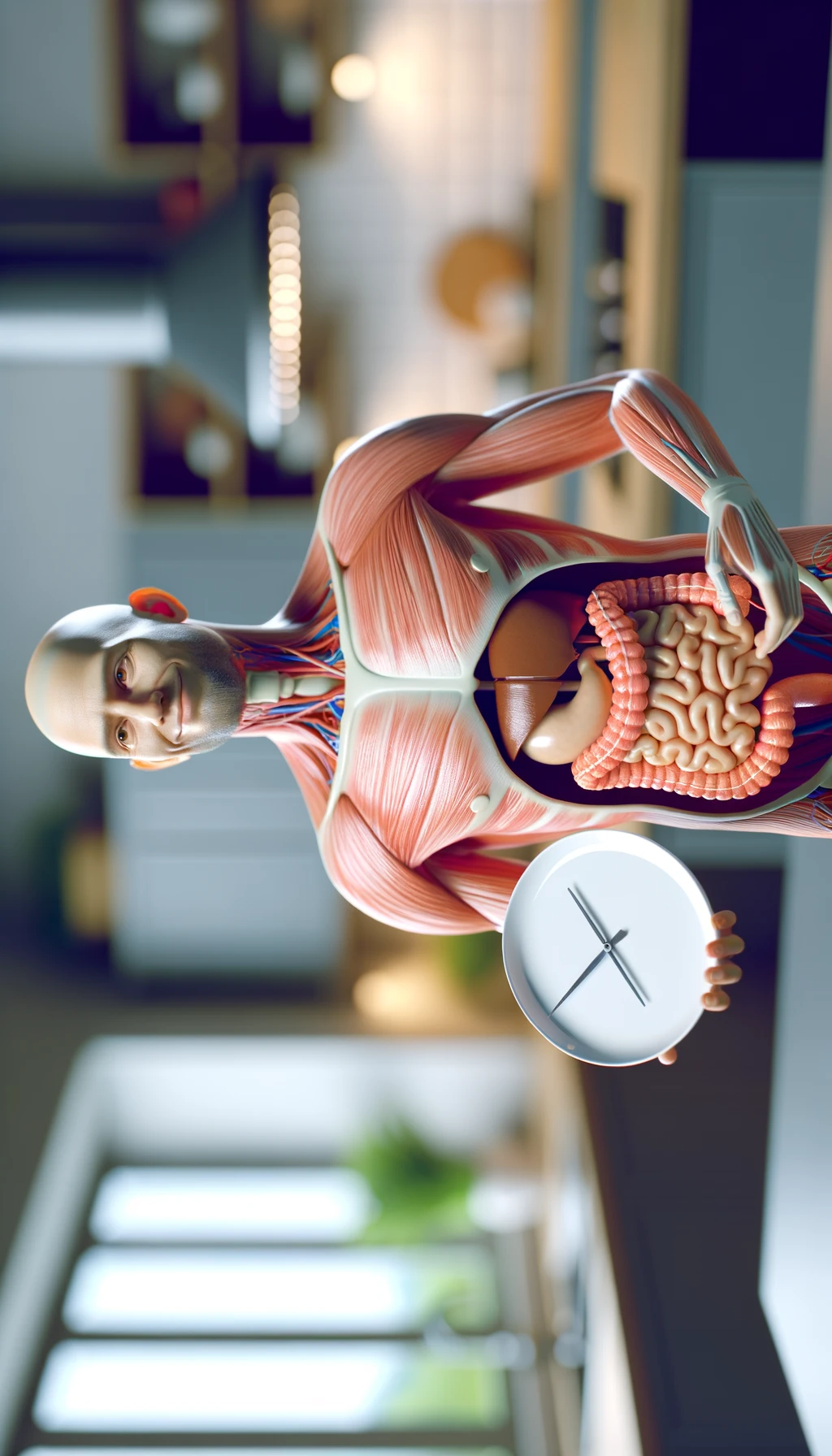 corpo umano anatomico con colori realistici e intestino in evidenza, che tiene in mano un piatto bianco con la lancette di un orologio sopra, figura visibile fino ai fianchi, espressione del volto soddisfatta, sullo sfondo la sua cucina sfocata con toni chiari neutri, iperrealistico 4k emoji