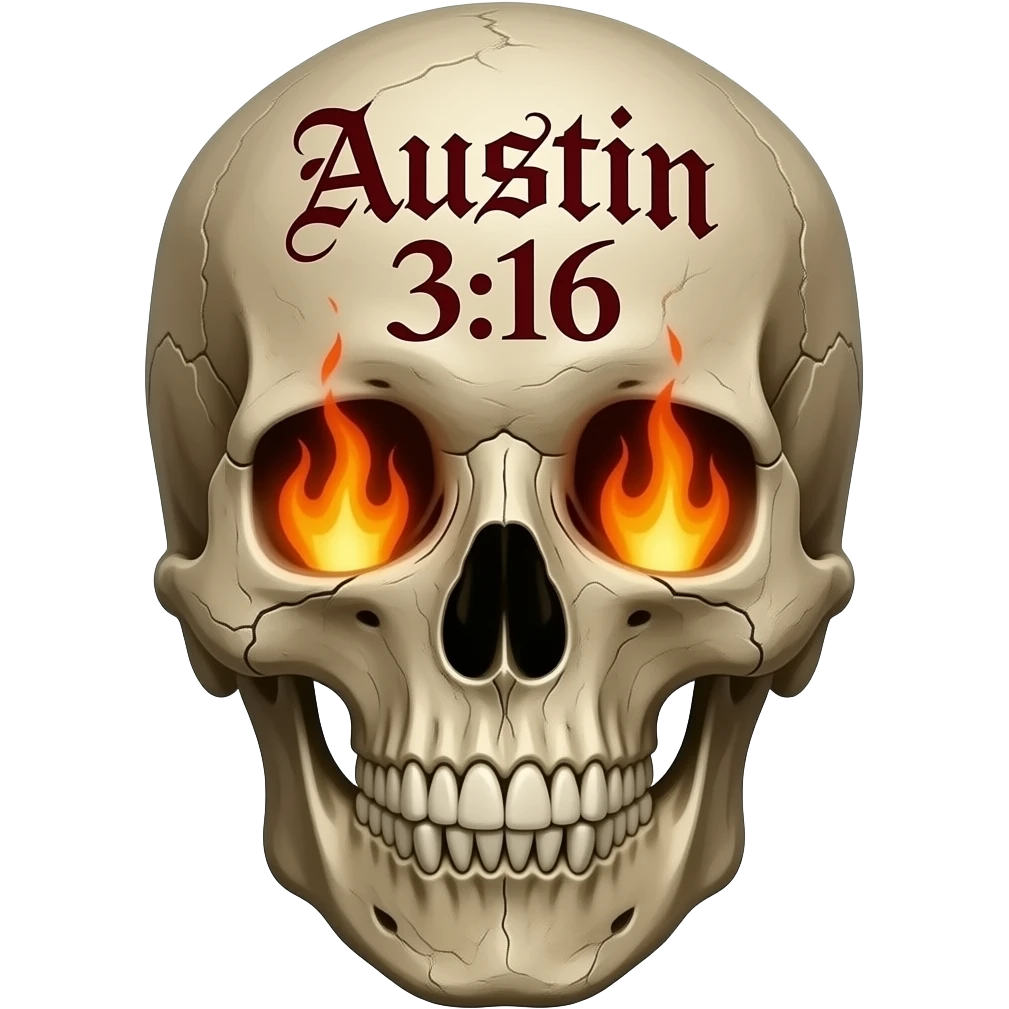human skull with jaw, aged, dried, the words Austin 3:16 in black ink, eye socket, and nose cavity need flames, words carved into its forehead in a Gothic font, show cracks, weathering, pieces missing, true flames come out of sockets, lettering to be red and stacked emoji
