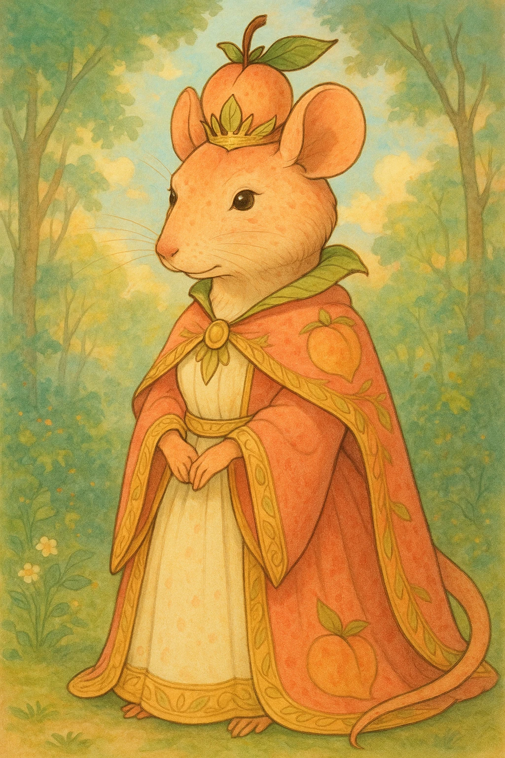 a rat queen with features resembling a peach, blending peach fruit elements with regal rat characteristics, in a Ghibli-inspired style emoji