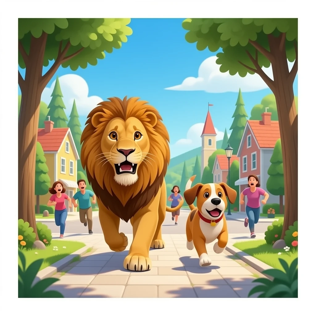 quiero que en publo entre un leon y un perrro por el bosque que sea realista i la gente este asustada pero que llegen a el pueblo que la gnte tenga miedo y empieze a correr emoji