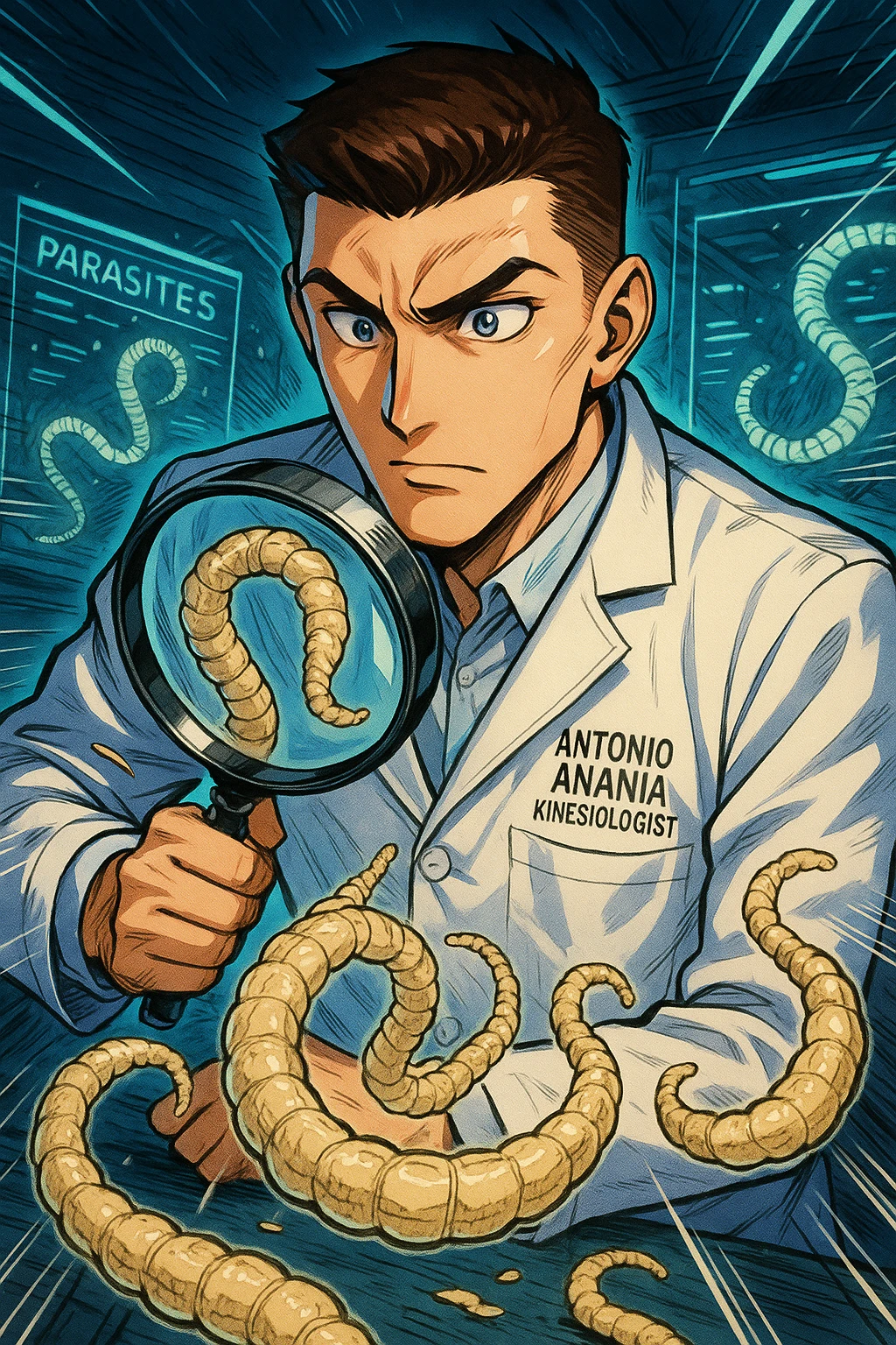 A dynamic manga/webtoon-style illustration of a young male kinesiologist wearing a clean white lab coat, analyzing light beige worms like a tapeworm under a magnifying glass. His expression is focused and slightly intrigued, with sharp, detailed eyes. The art style is vibrant, with bold linework, rich colors, and dramatic lighting. The background is a futuristic laboratory with glowing holographic screens displaying parasite data. The tapeworm is intricately drawn, slimy and segmented, with a slightly exaggerated yet realistic texture. The composition is dynamic, with motion lines or energy effects to emphasize his scientific investigation. The atmosphere is intense but not dark, keeping a balance between scientific seriousness and stylish manga aesthetics, he has "ANTONIO ANANIA" WRITTEN ON WHITE LAB COAT emoji