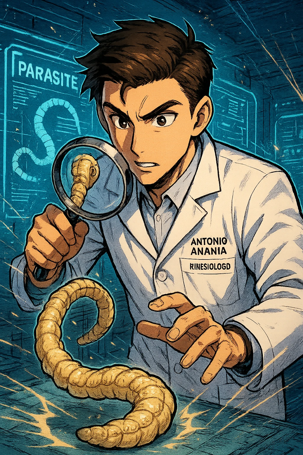 A dynamic manga/webtoon-style illustration of a young male kinesiologist wearing a clean white lab coat, analyzing light beige worms like a tapeworm under a magnifying glass. His expression is focused and slightly intrigued, with sharp, detailed eyes. The art style is vibrant, with bold linework, rich colors, and dramatic lighting. The background is a futuristic laboratory with glowing holographic screens displaying parasite data. The tapeworm is intricately drawn, slimy and segmented, with a slightly exaggerated yet realistic texture. The composition is dynamic, with motion lines or energy effects to emphasize his scientific investigation. The atmosphere is intense but not dark, keeping a balance between scientific seriousness and stylish manga aesthetics, he has "ANTONIO ANANIA" WRITTEN ON WHITE LAB COAT emoji