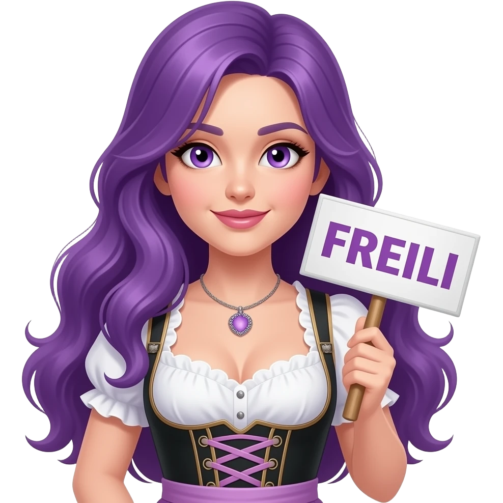 sexy girl with long purple hair and purple eyes wearing a dirndl holding a FREILI sign emoji