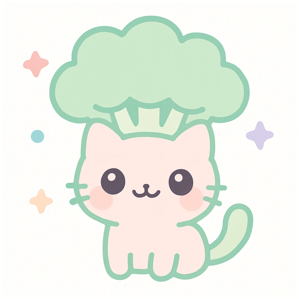 broccoli cat with cat body and broccoli floret as head, big eyes, adorable expression, kawaii style, minimal background emoji