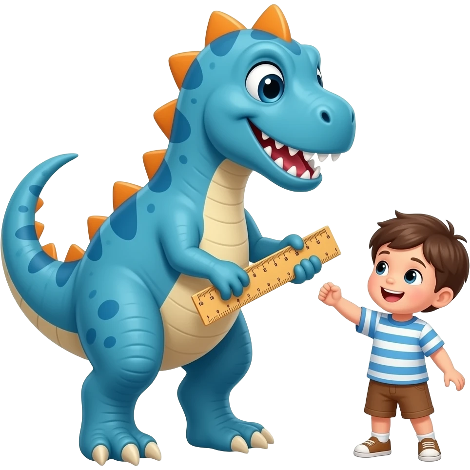 A blue dinosaur holding a ruler beating a small child emoji
