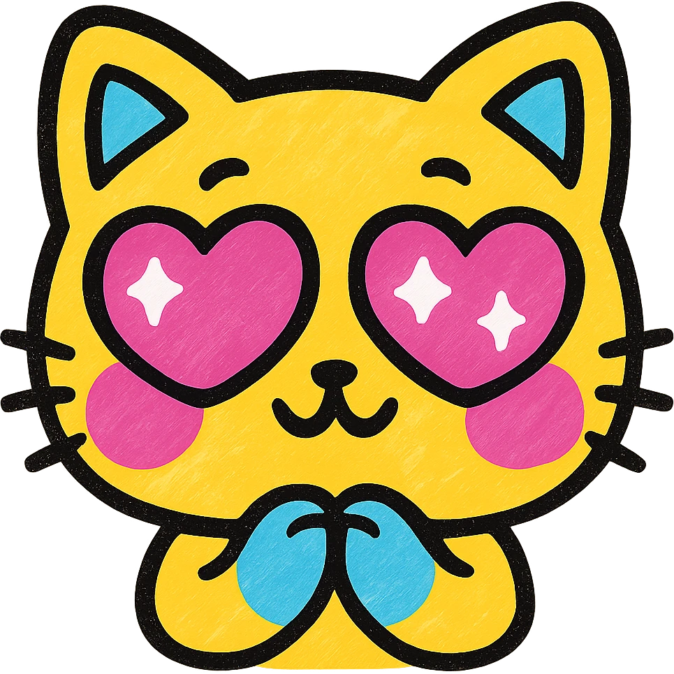 cute chibi cat close-up, sparkling heart eyes, pastel colors, die-cut sticker, white background, minimal vector illustration emoji