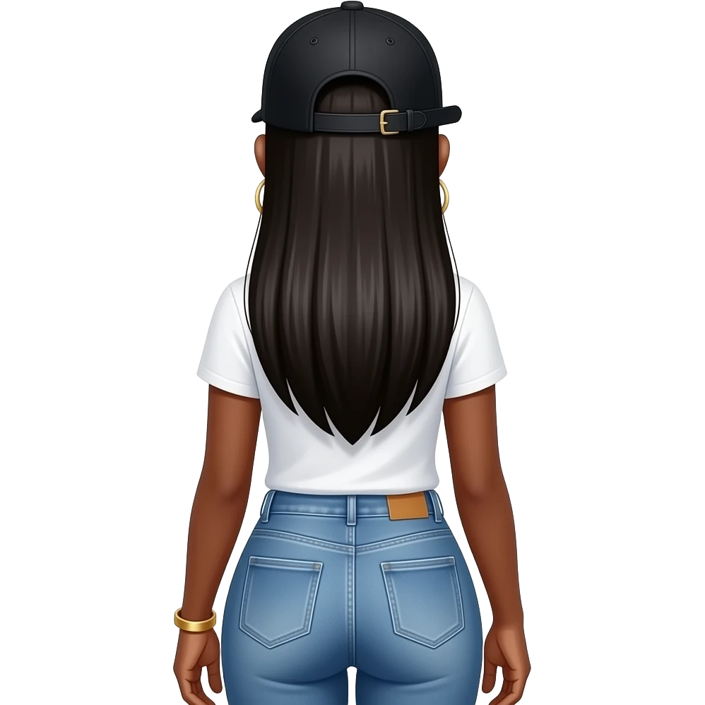African American woman with long straight black hair wearing a adjustable black hat to the back wearing a white T-shirt wearing jeans with big square patches on it wearing gold hoop earrings wearing a gold bracelet emoji