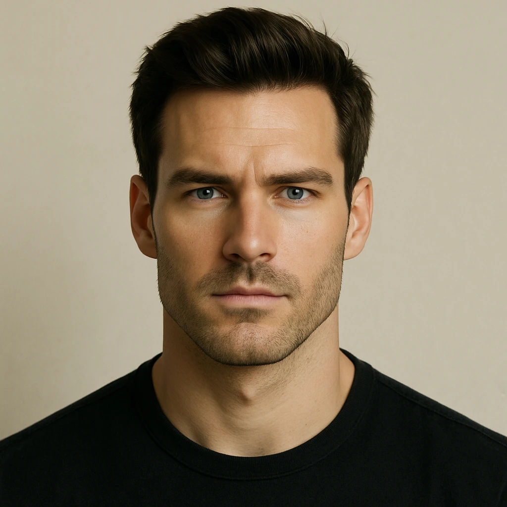 face of a handsome white man, strong jawline, blue eyes, simple background emoji