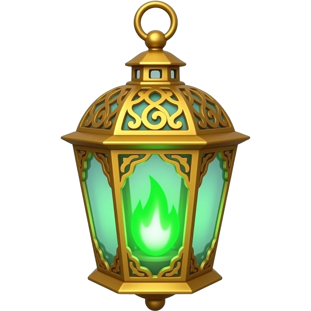 A golden hanging lantern with a bright emerald green flames, an empty loop on top, fae filigree themed, but simple focus more on the green flame emoji