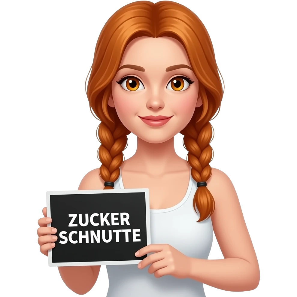 sexy girl with long ginger braids and ginger eyes wearing a white tanktop is holding a black sign with ZUCKER SCHNUTTE written on it emoji