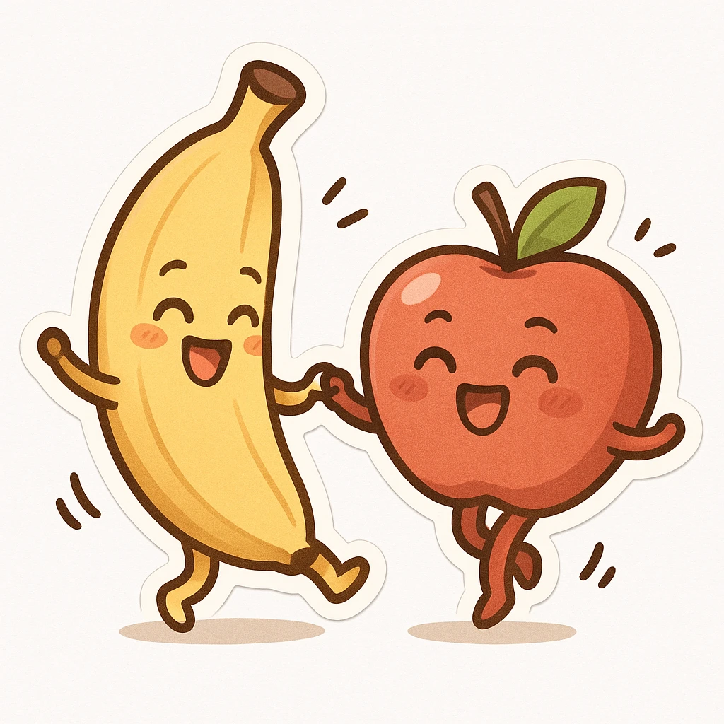 a cute banana and apple in a dance pose, energetic, white background emoji