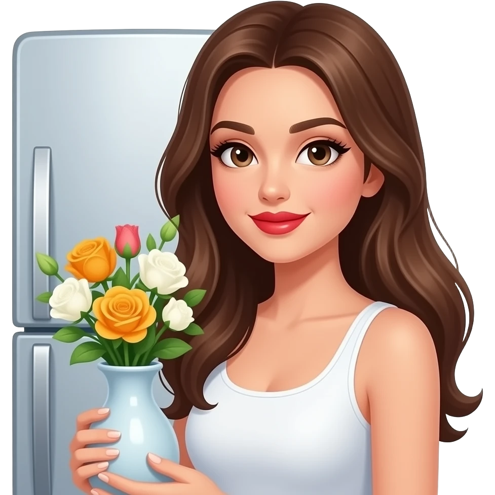Beautiful girl sexy red lips brunette long hair with a vase and a fridge emoji