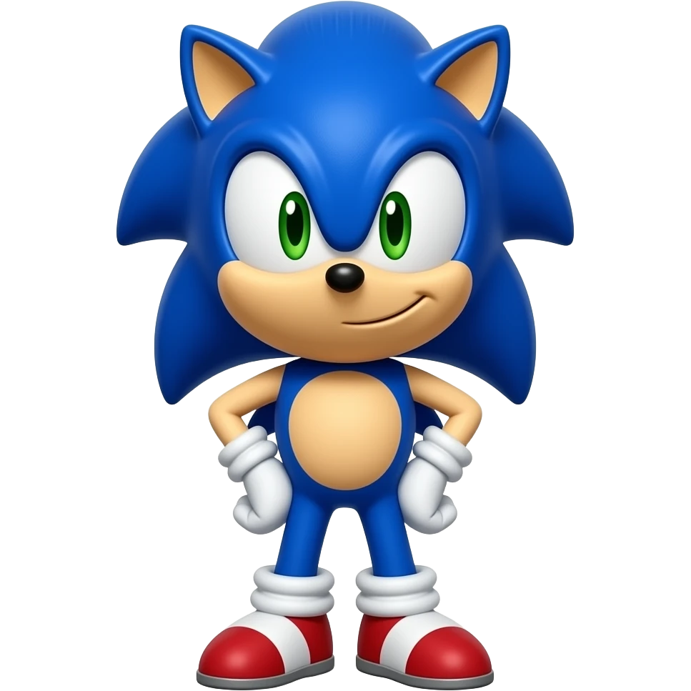 Blue speed hedgehog character, front-facing 3D emoji style, confident smile, large green eyes, clean background emoji