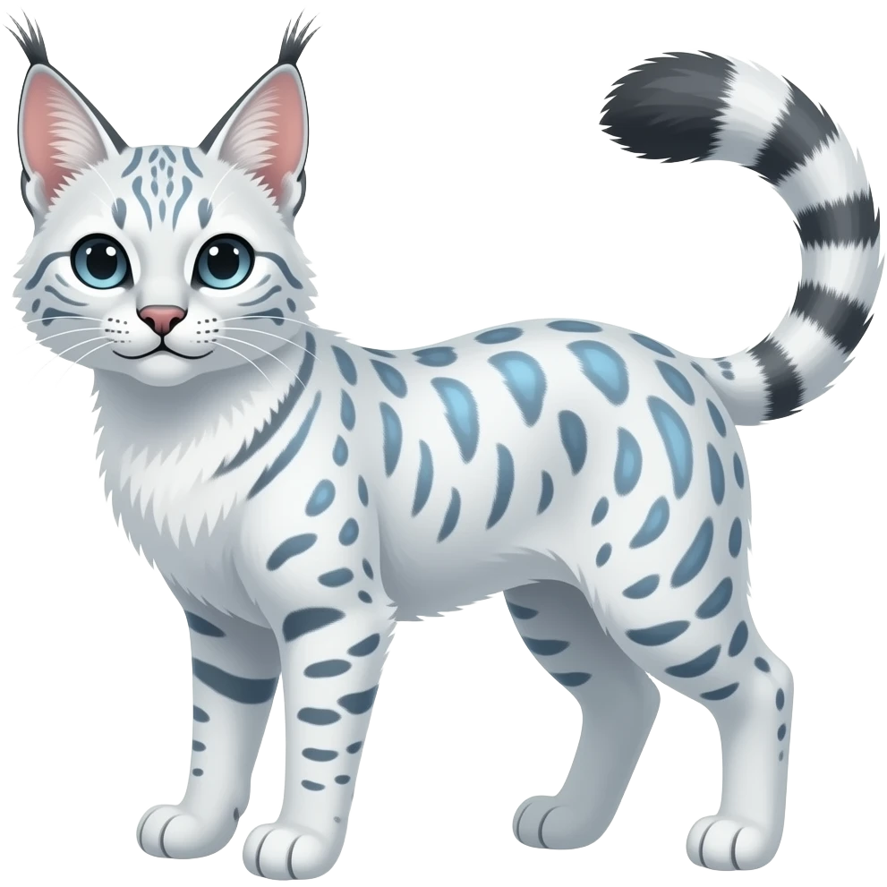 Albino white pastel Realistic patterned marked edgy bluish greyish blackish whitish silvery Shiny Colorful Dusky Dark Glossy Genet-Caracal-Lion-Bobcat-fusion-animal-hybrid-creature, full body, tufted ears, long thin tufted tail emoji