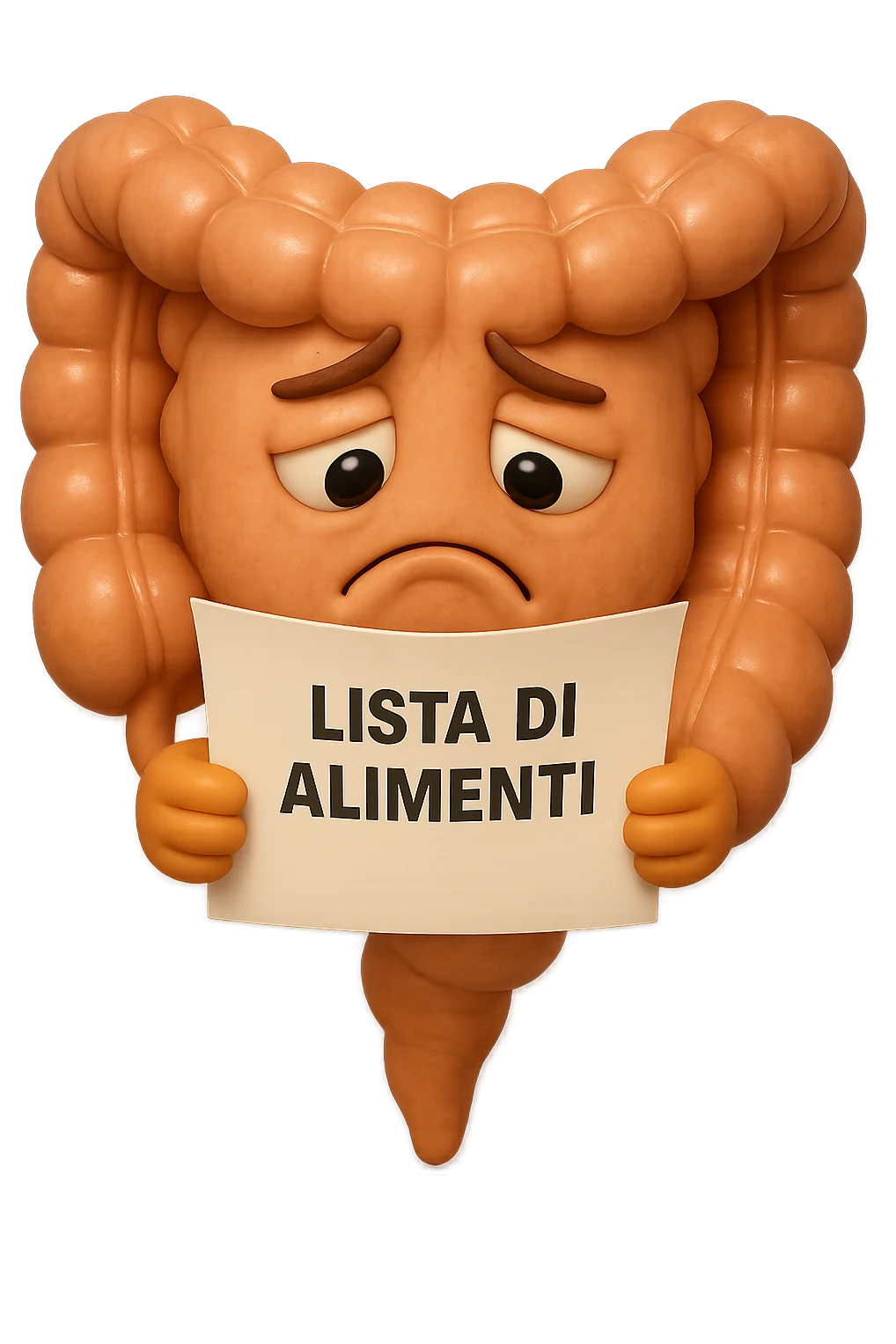 EMOJI STILE IPHONE DI UN INTESTINO CHE LEGGE UN FOGLIO CON LA SCRITTA "lista di alimenti" ed espressione triste in volto, IPERREALISTICO 4K emoji