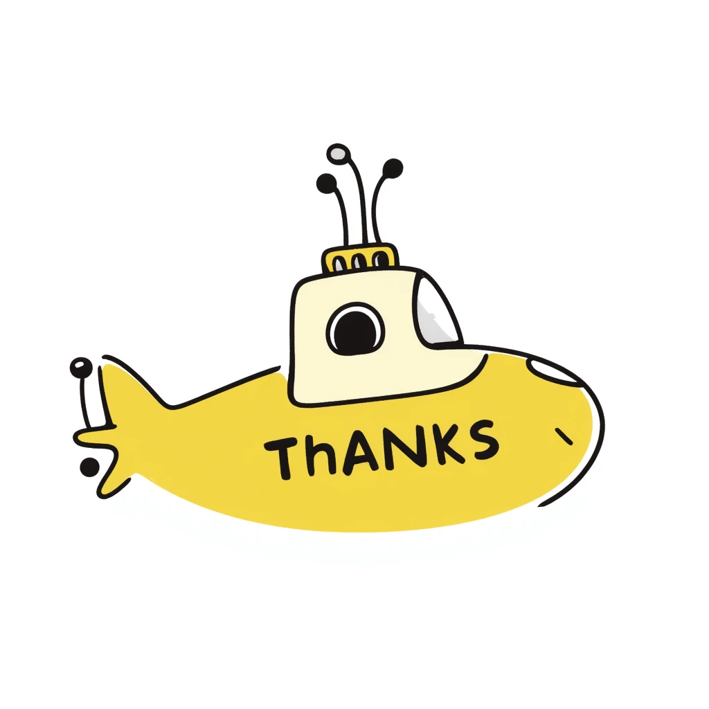 playful yellow submarine with 'thanks' in big letters, hand-drawn doodle style emoji