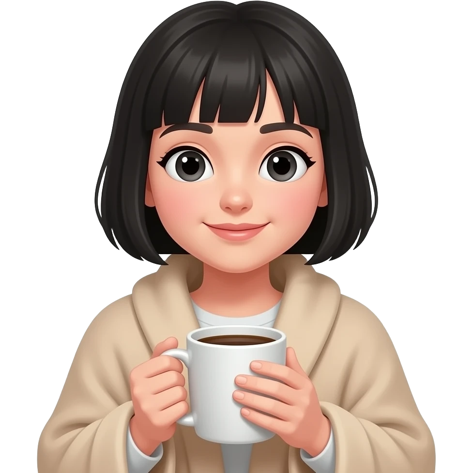A white girl with short black hair, with a beige blanket and a coffee in a very cozy mug, in iPhone emoji style emoji