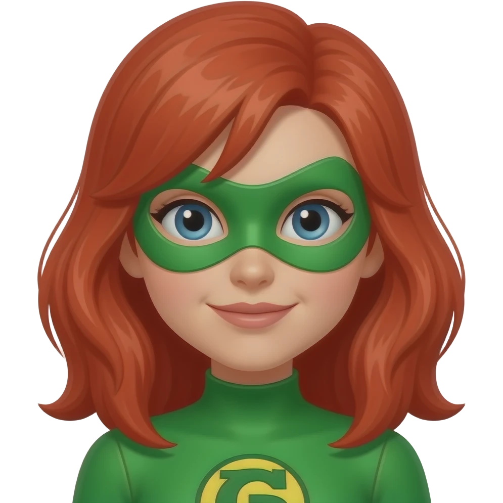 quiero que me hagas a una superheroina con el pelo pelirrojo mascara verde i con un traje verde que sea una niña sin orejas emoji