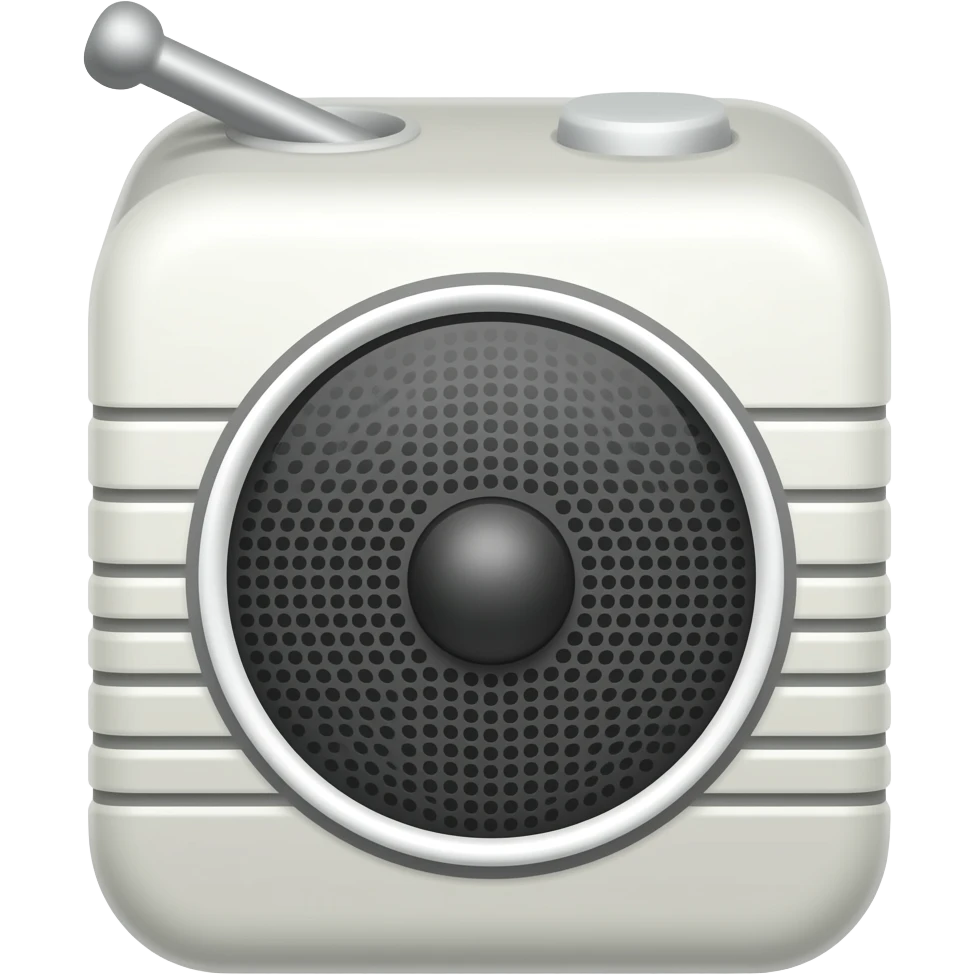Flat emoji icon of a small rectangular radio with one speaker circle and a tiny antenna, bold outline, flat colors, transparent background, square, no text. emoji