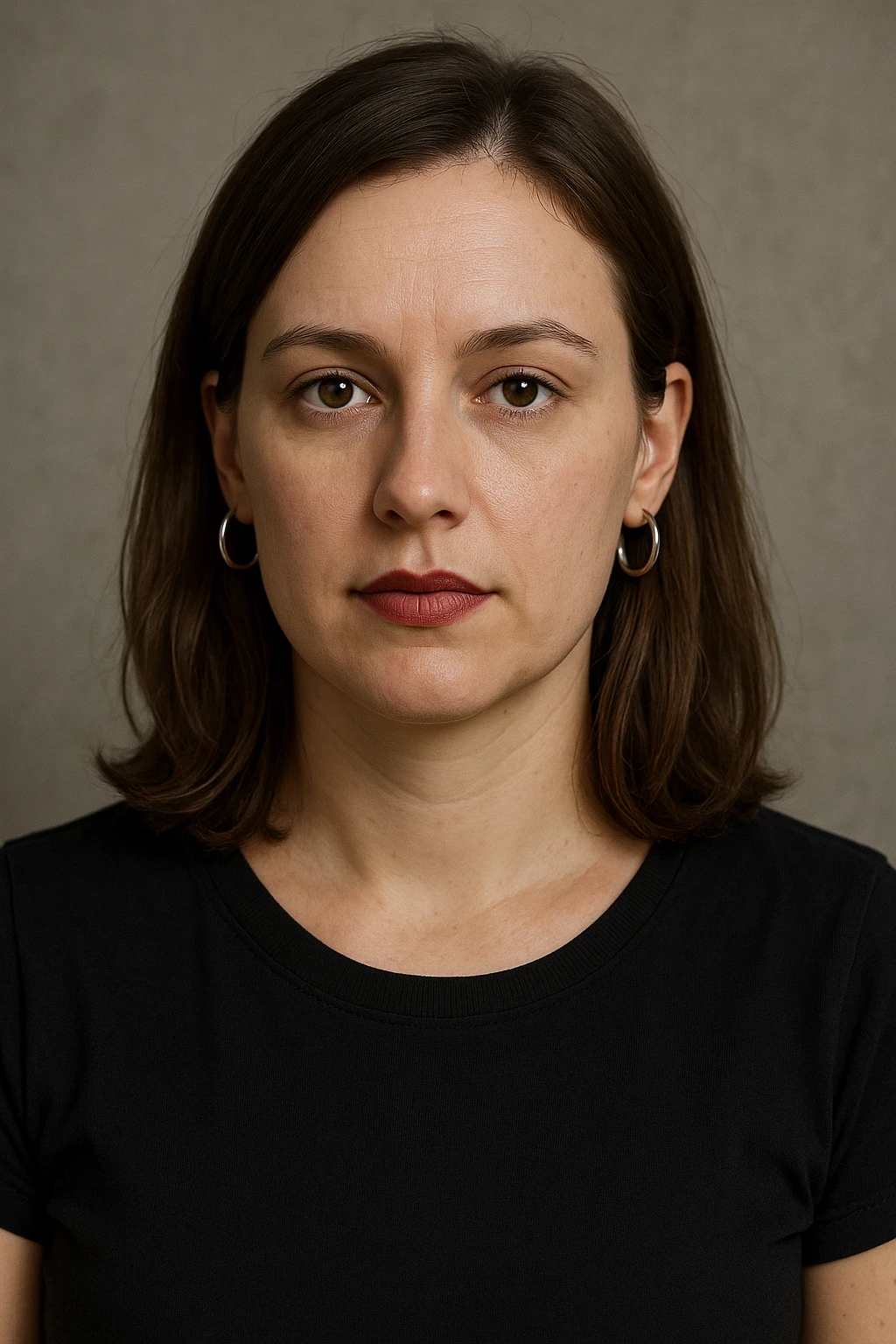 30 year old white woman with shoulder-length hair and brown eyes, left side of her hair tucked behind her ear, wearing lipstick and hoop earrings, neutral expression, upper body portrait emoji