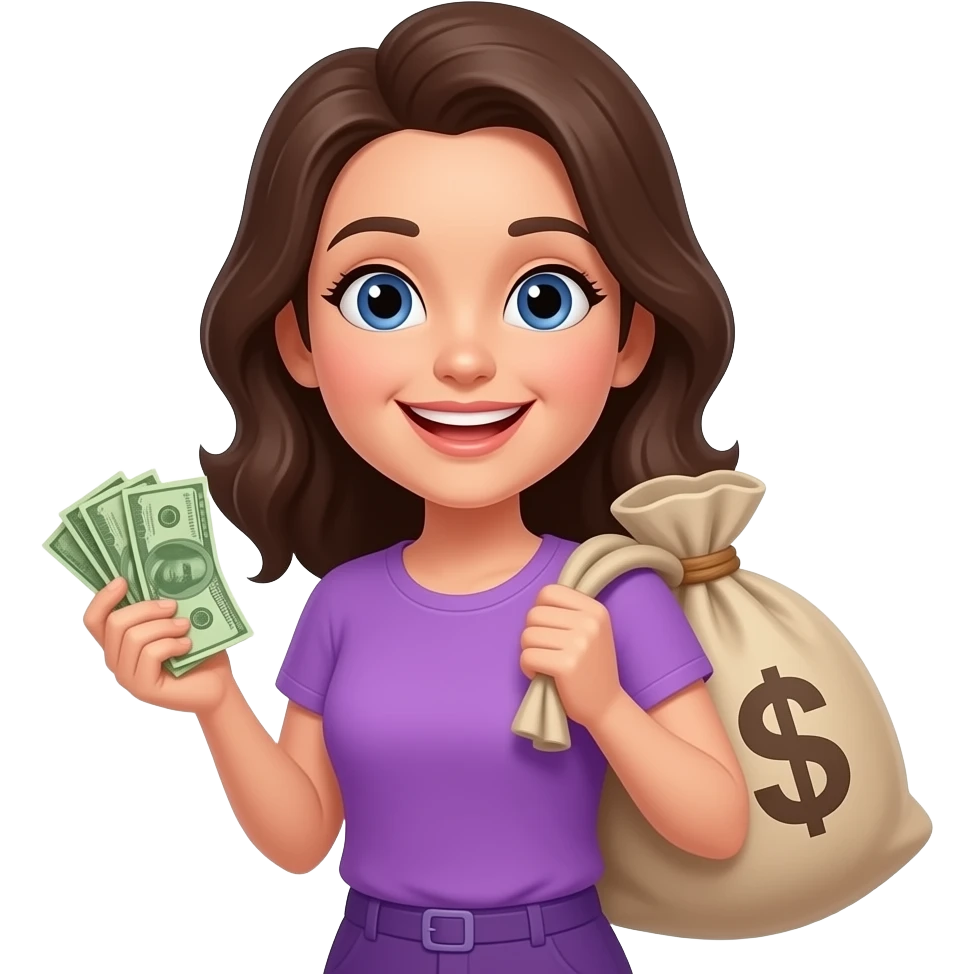 Счастливая женщина с мешком денег в фиолетовой одежде emoji