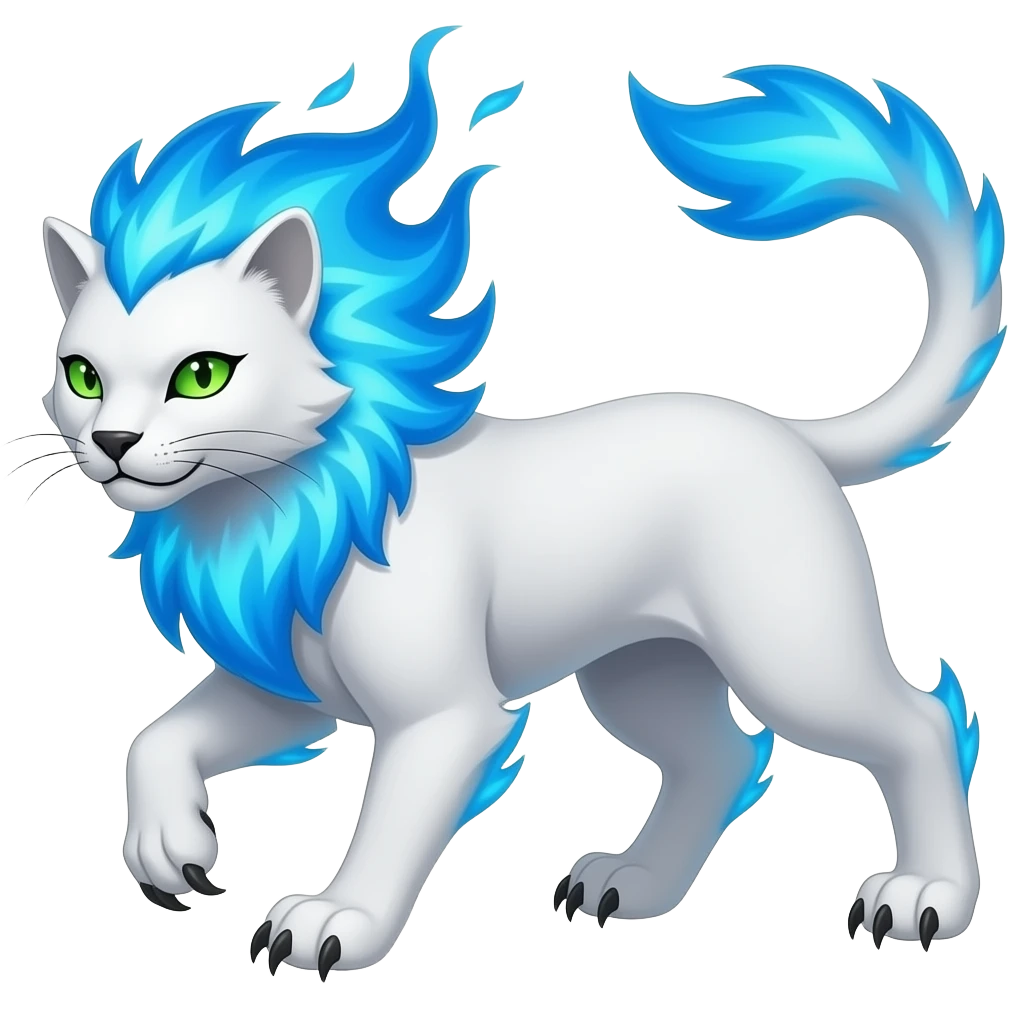 A sleek white feline with a mane of living blue fire, long claws, spikes on its back, and green eyes that glow in darkness. It is proud, fast, and fiercely territorial. emoji