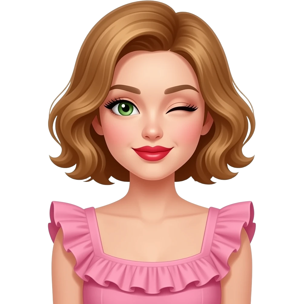 white, very beautiful woman, with big plump red lips, long long lashes, honey wavy short hair, green eyes, winking and a look of ‘hmm’ on her face.  from waist up. Wearing a pink frilly dress emoji