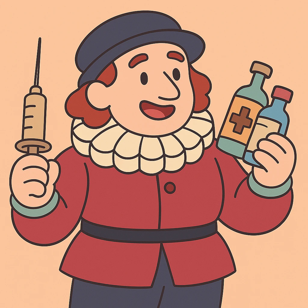 Tudor doctor holding medicine bottles and medical equipment in pastel toon cartoon style, soft colors, gentle shading, smooth gradients, calm and friendly expression emoji
