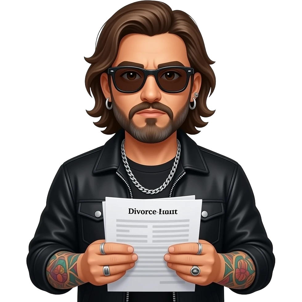 The handsome manly Latino podcast host with medium length hair, a long slightly graying beard and tattoos with his ears pierced 1 time each ear and a nose ring on the right side, dark brown eyes, wearing black, super dark sunglasses, jewelry, getting a divorce emoji