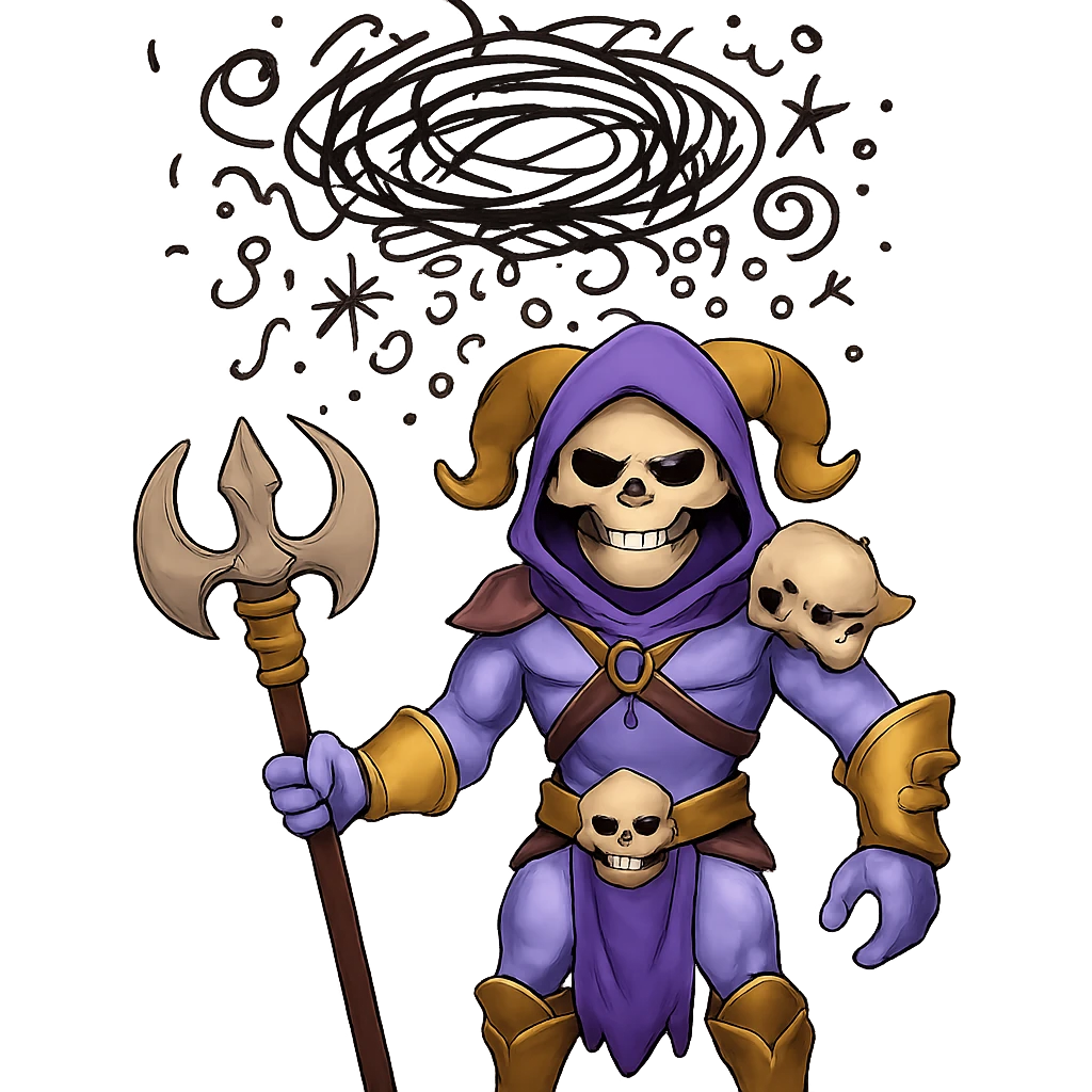 Add a golden ring floating a little above Skeletor's head, keep the rest unchanged, with no background emoji