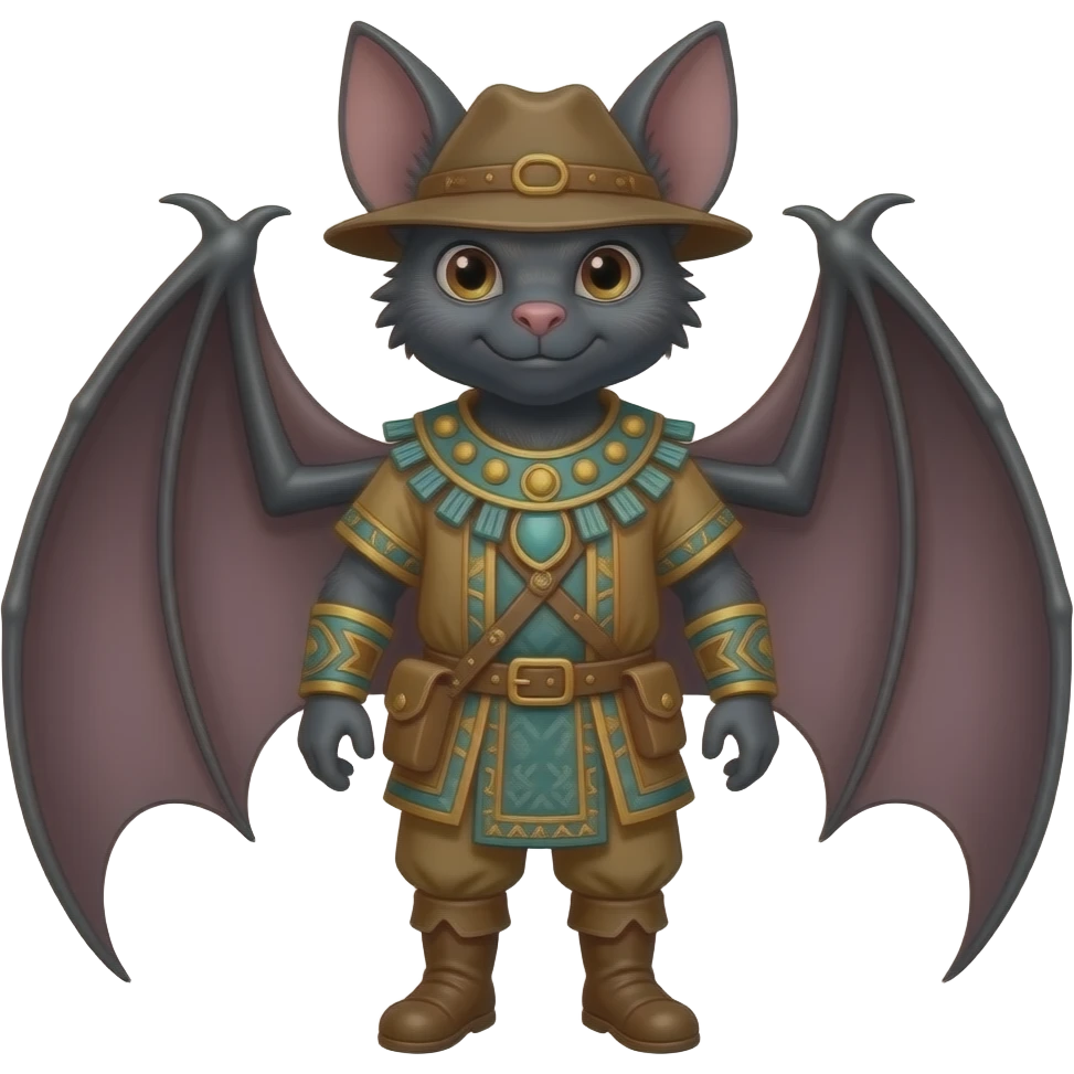 A bat dressed in medieval mayan explorer outfit. Full body. No wings. Without wings emoji