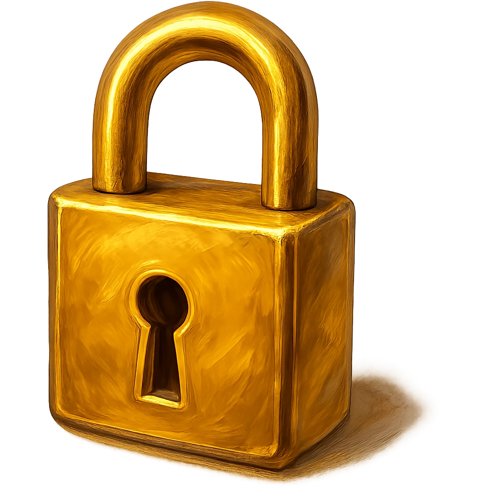 В cлегка рисованной, но при этом объемной и яркой стилистике сгенерируй картинку фотореалистичного полностью золотого замка (замок который для ключей), прозрачный фон emoji