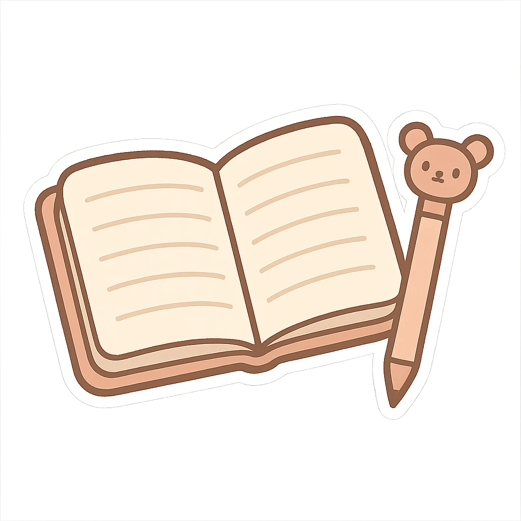 notebook open flat, simple pen with ears on the side, chibi stickers style, transparent background emoji