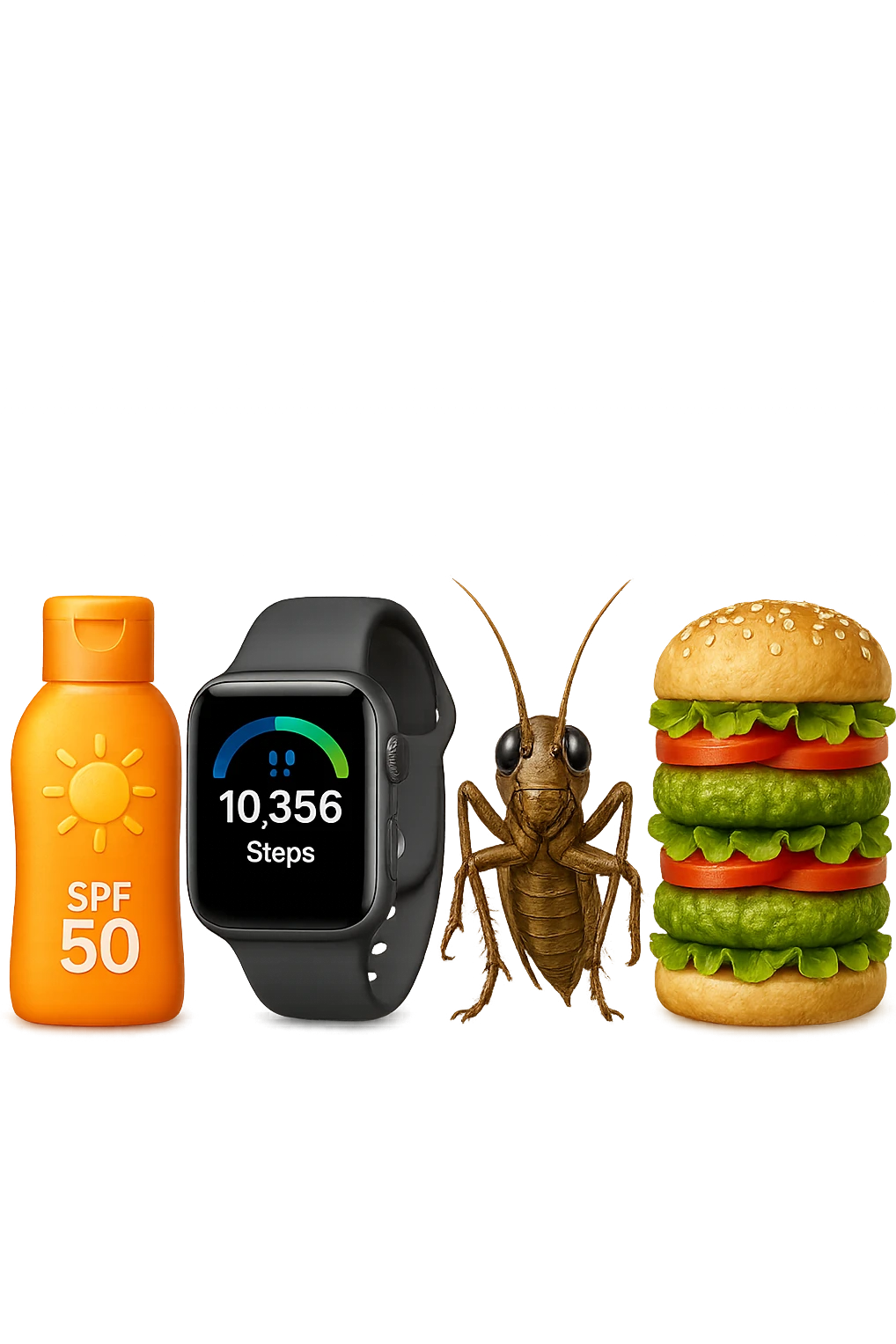 emoji stile iphone di una boccetta di CREMA SOLARE, UNO SMARTWATCH CONTAPASSI, UN GRILLO, UNA TORRETTA DI HAMBURGER FATTI CON I PISELLI, IPERREALISTICO 4K emoji