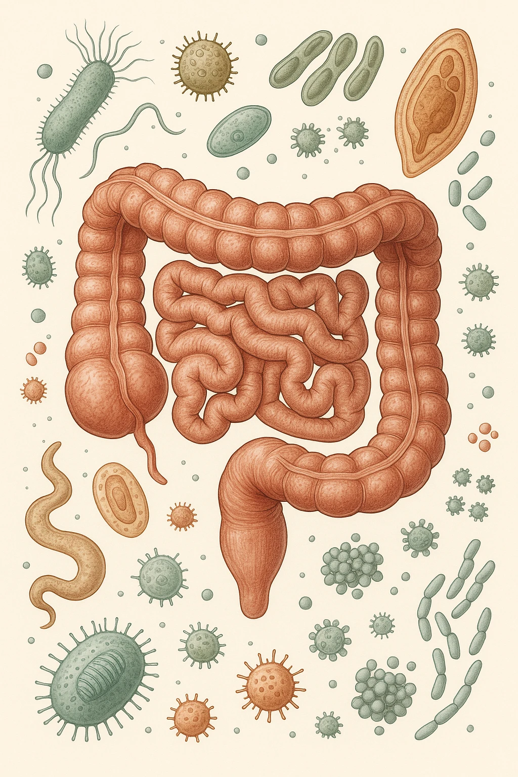 INTESTINO UMANO ANATOMICO CON BATTERI E PARASSITI INTORNO, SFONDO CHIARO NEUTRO emoji