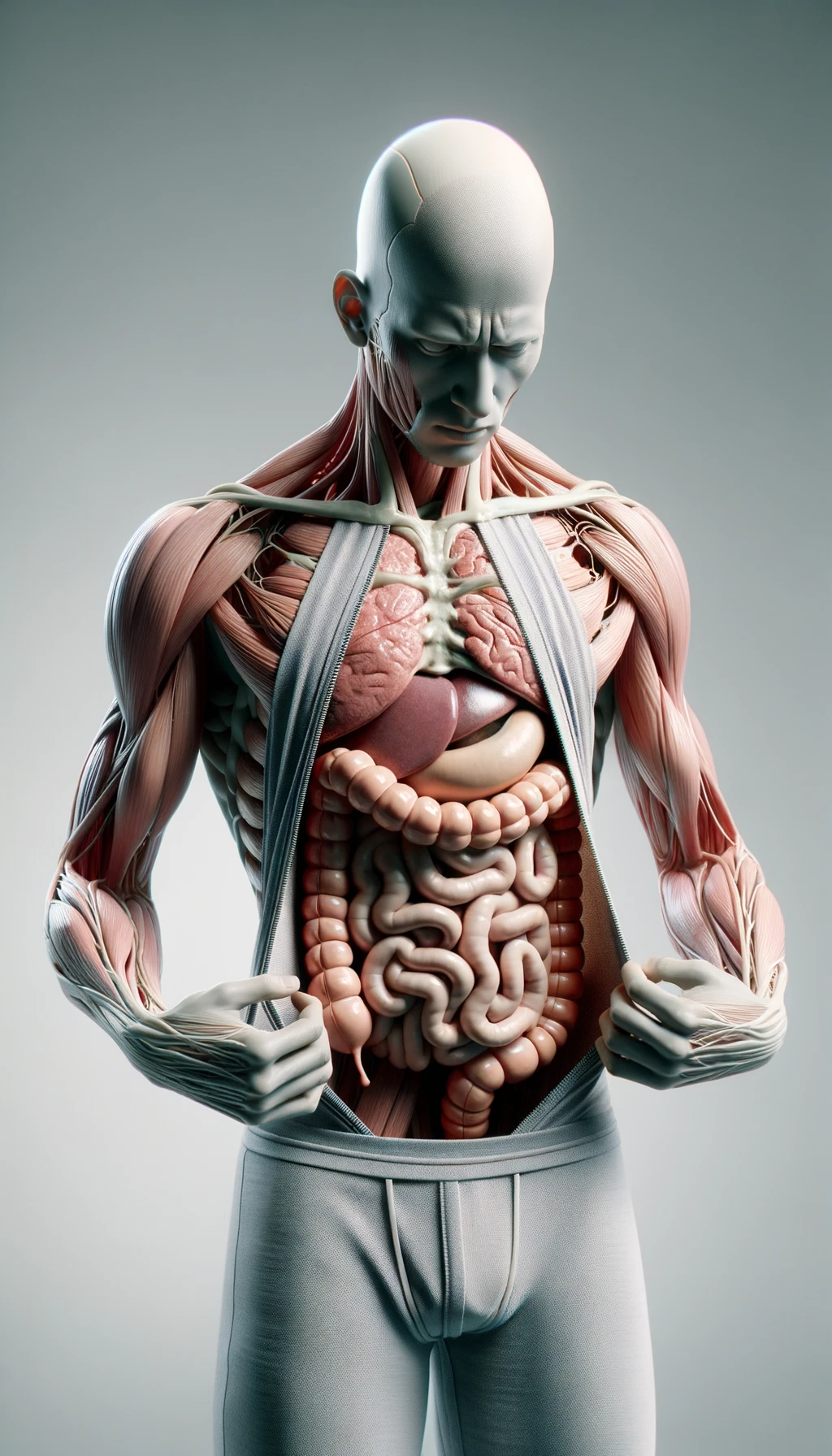 CORPO UMANO ANATOMICO CON INTESTINO UMANO ANATOMICO IN EVIDENZA CHE INDOSSA UNA MAGLIA SINTETICA, SI AFFERRA LA MAGLIA PER OSSERVARLA MEGLIO CON ESPRESSIONE DUBBIOSA IN VOLTO, SFONDO CHIARO NEUTRO, iperrealistico 4k emoji