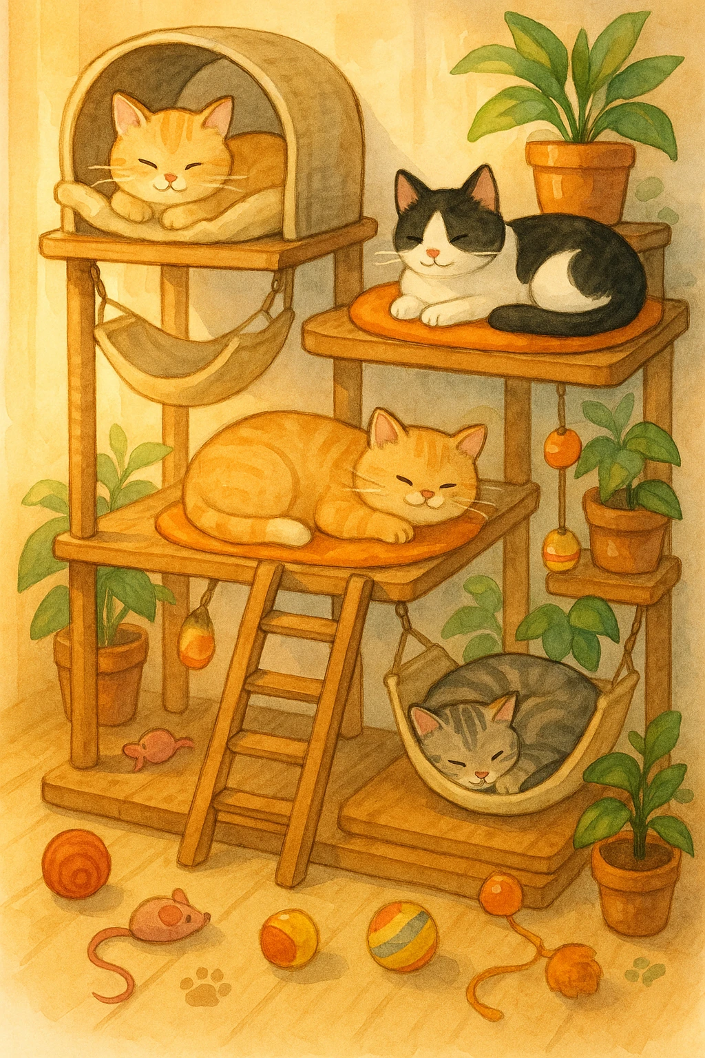 cats relaxing in a vertical playhouse emoji