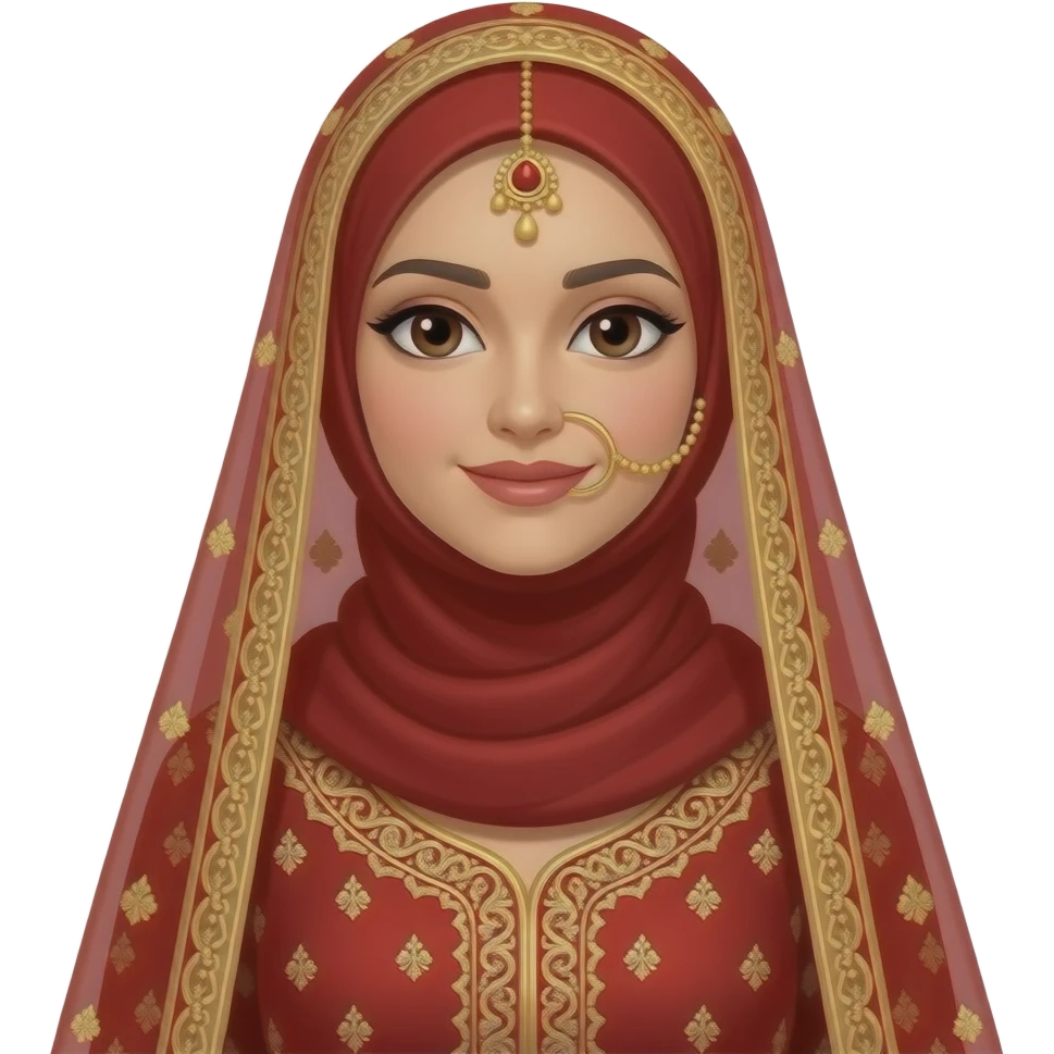 A Pakistani hijabi bride with a red and gold outfit with a red headscarf on and no nose ring emoji