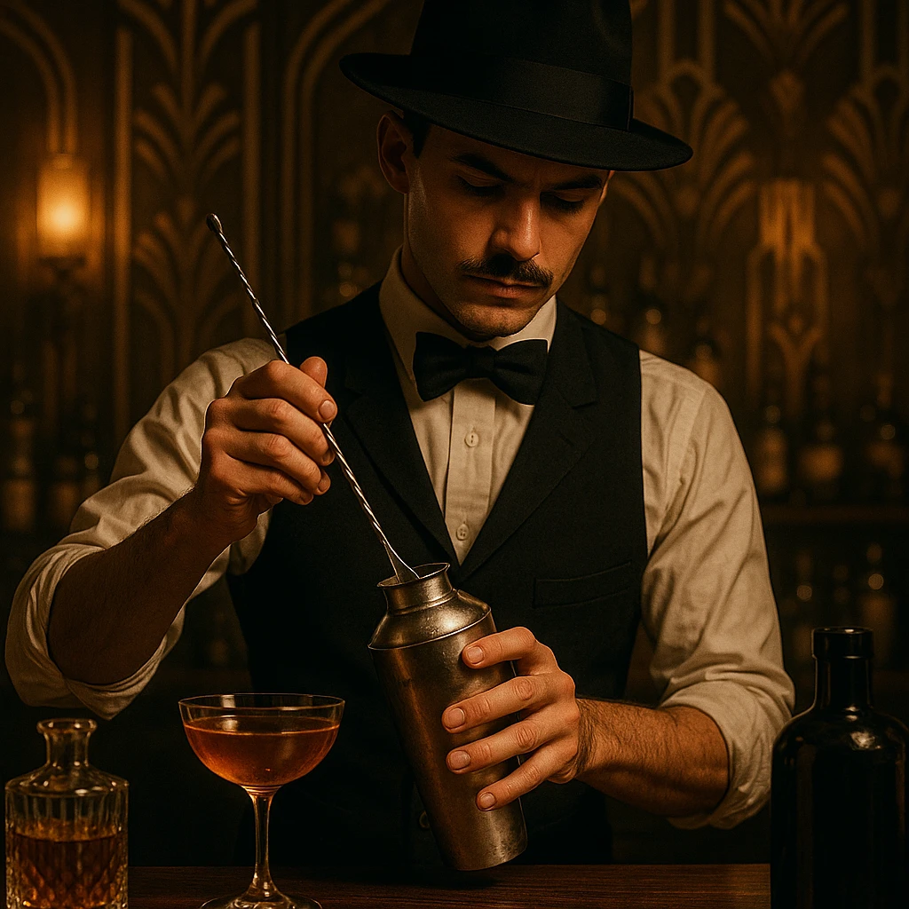 A speakeasy bartender, vintage 1920s attire, mixing a cocktail, moody lighting, art deco details. emoji