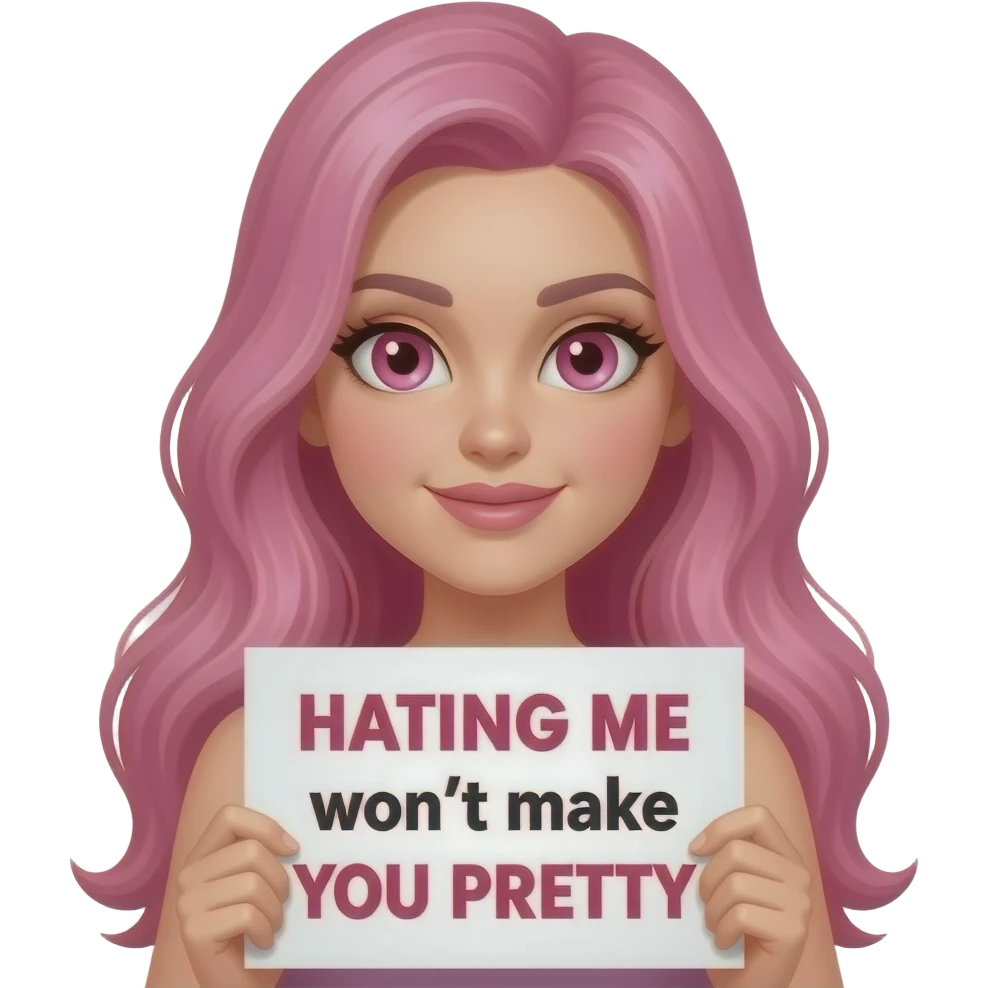 sexy girl with long pink hair and pink eyes holding a HATING ME won't make YOU PRETTY sign emoji