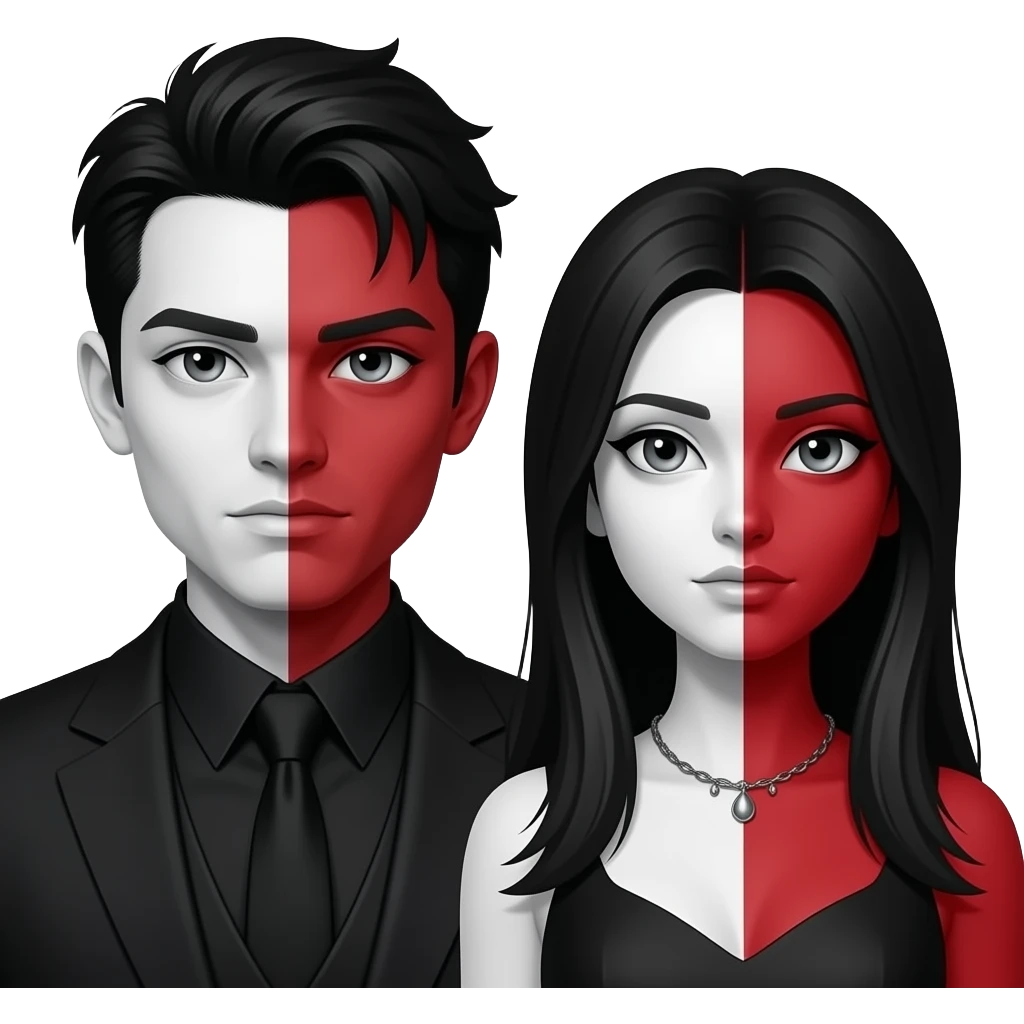 Gothic man and woman both with half white and half red face. Both have silver eyes and dark hair emoji