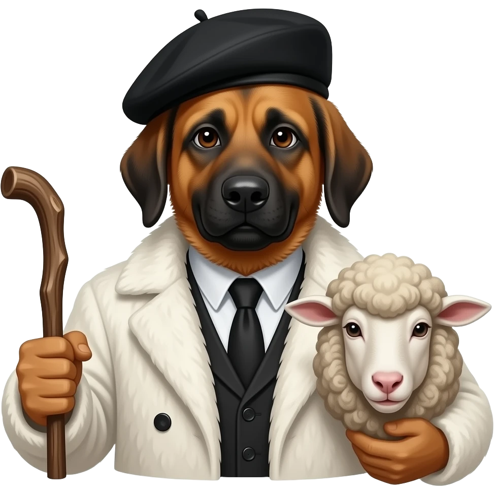 Un homme Berger avec un manteau de fourrure blanche et un béret noir avec un bâton et un mouton emoji