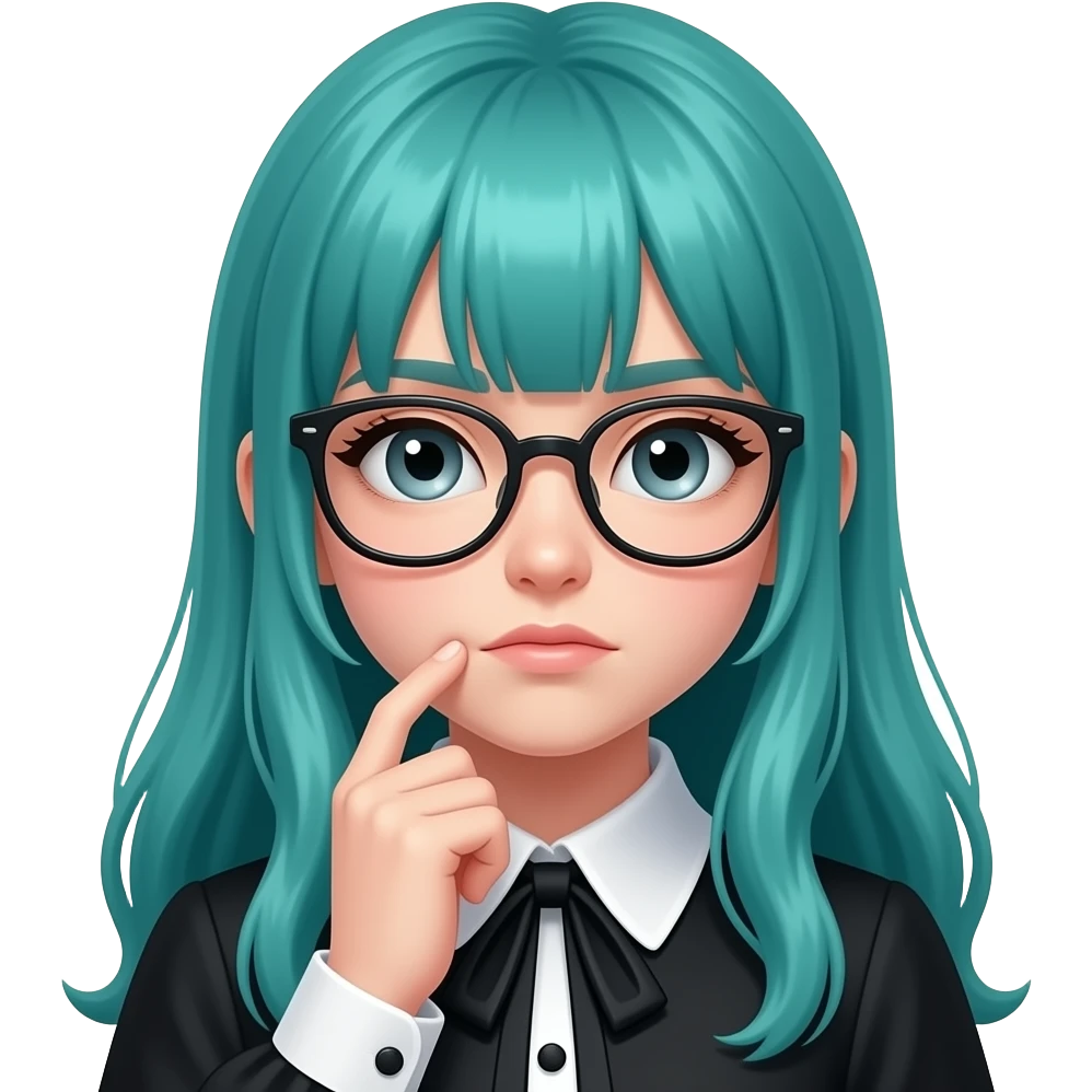 girl, thinking very hard, glasses, long flowing teal hair, grey eyes, black shoulder cyberpunk blouse with fancy white collar emoji