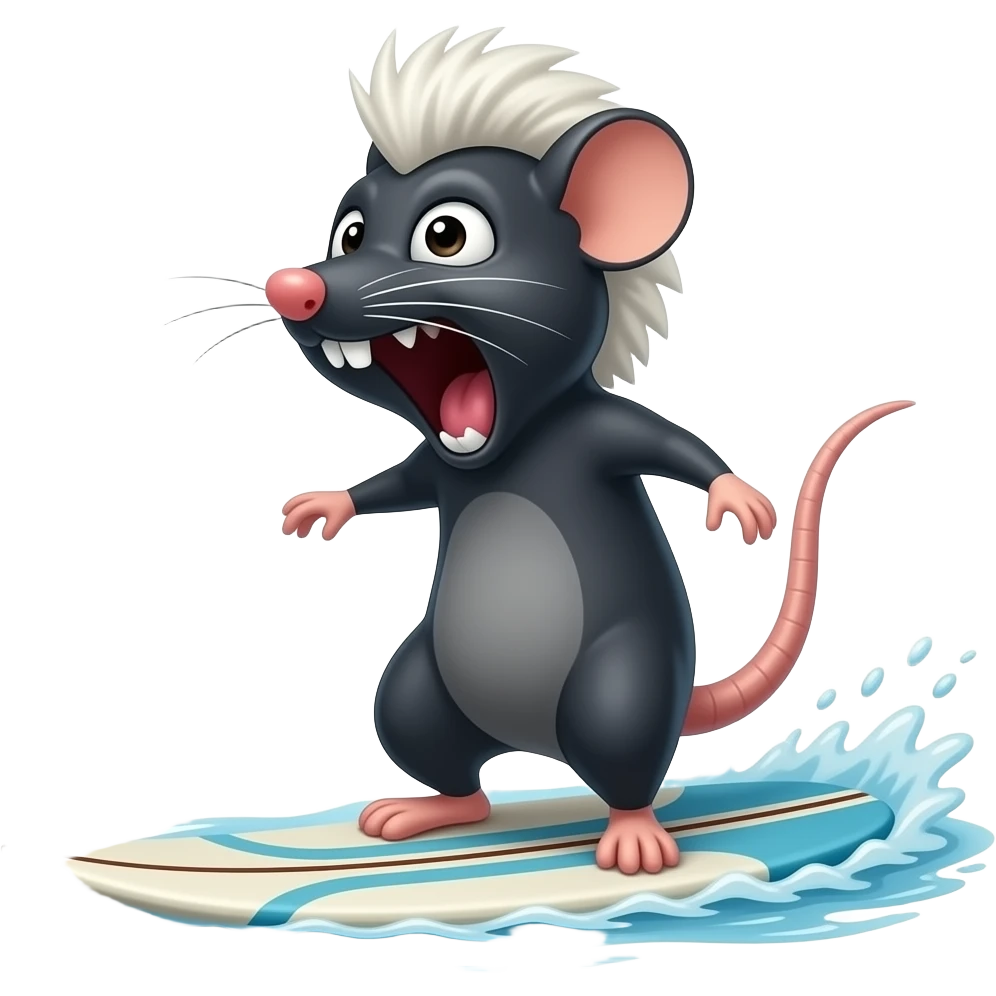 small black dark malicious rat with white mohawk screaming on a surf board emoji