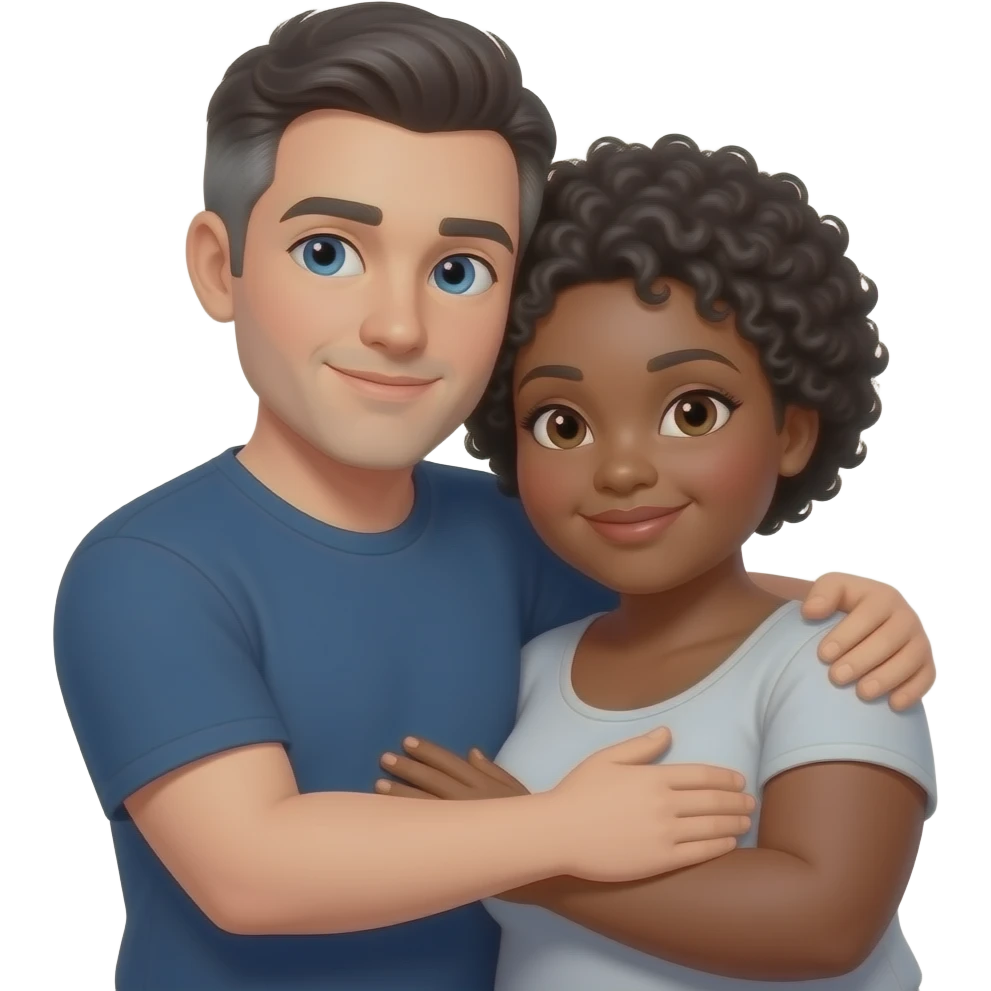 Medium build, white male, medium dark hair with some grey and blue eyes hugging plus size black woman with short length Afro hair, some gray emoji