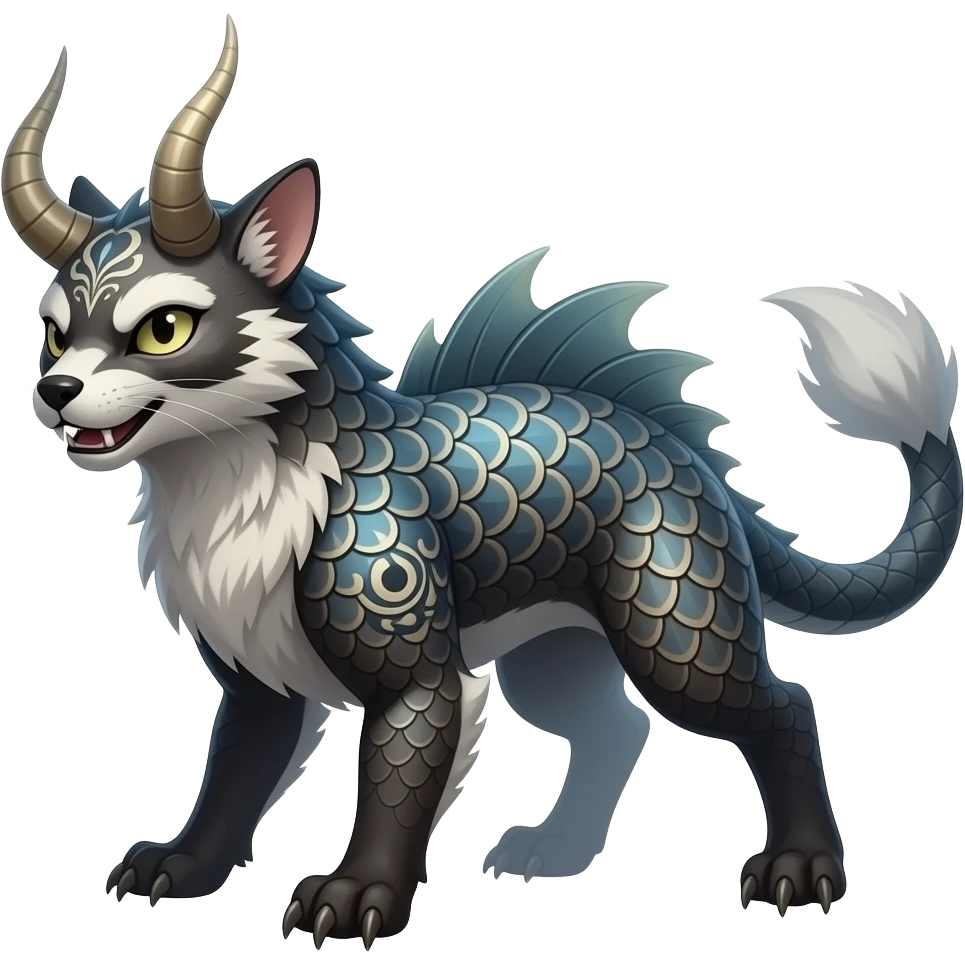 Horned unique-patterned damask spooky ghostly evil finned stylish aesthetic quadrupedal fuzzy fury scaly feral fantasy-Civet-Luxray-Corsola-Amaura-Aurorus-Primarina-Gyarados-Vaporeon-Milotic-Furret-Fakémon-fusion-hybrid-creature emoji
