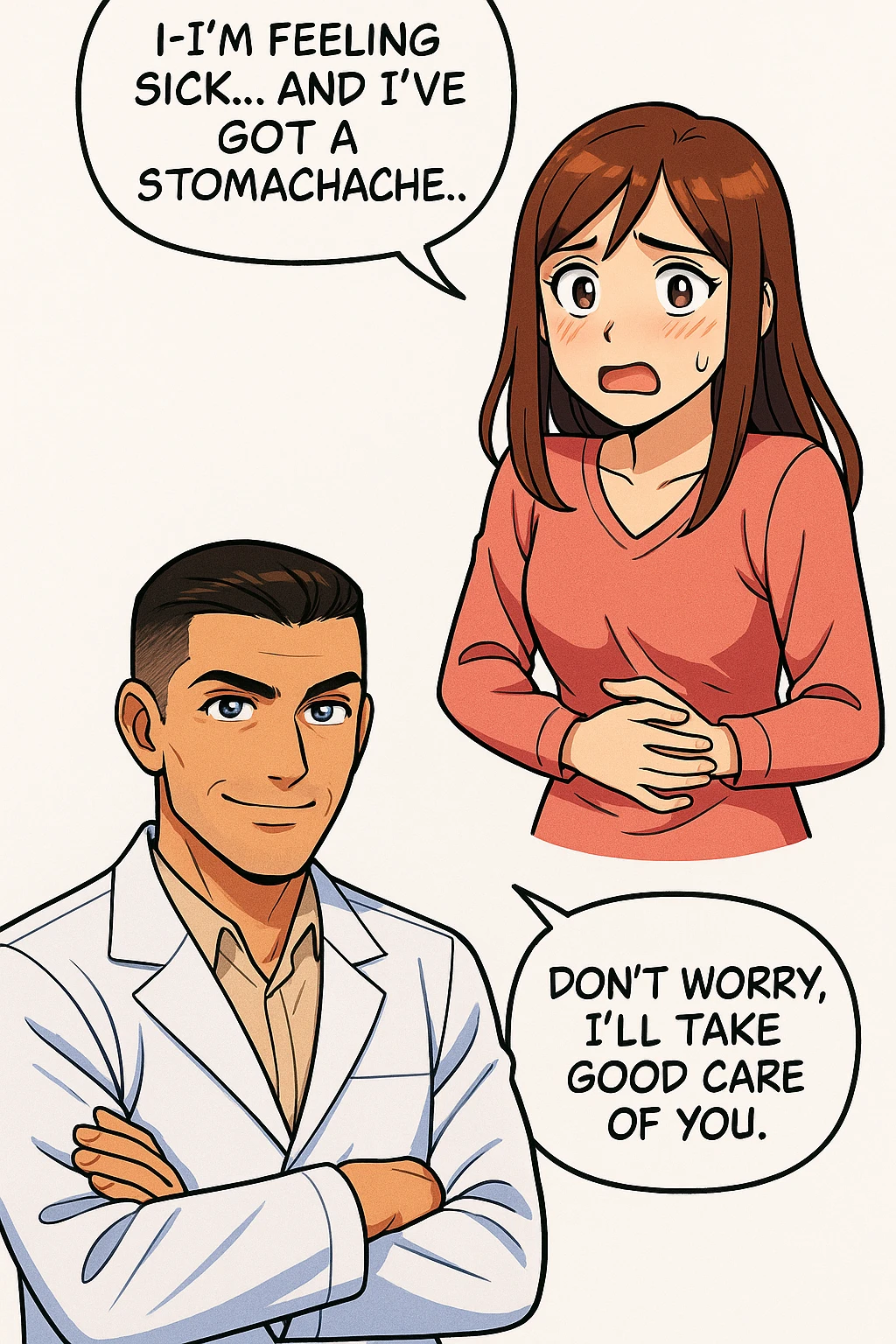 su questo stile fai un manga/webtoon a colori in cui una donna si lamenta che sta male e ha mal di pancia, l'uomo della foto in stile manga gli risponde, ISOLATO SU SFONDO BIANCO emoji