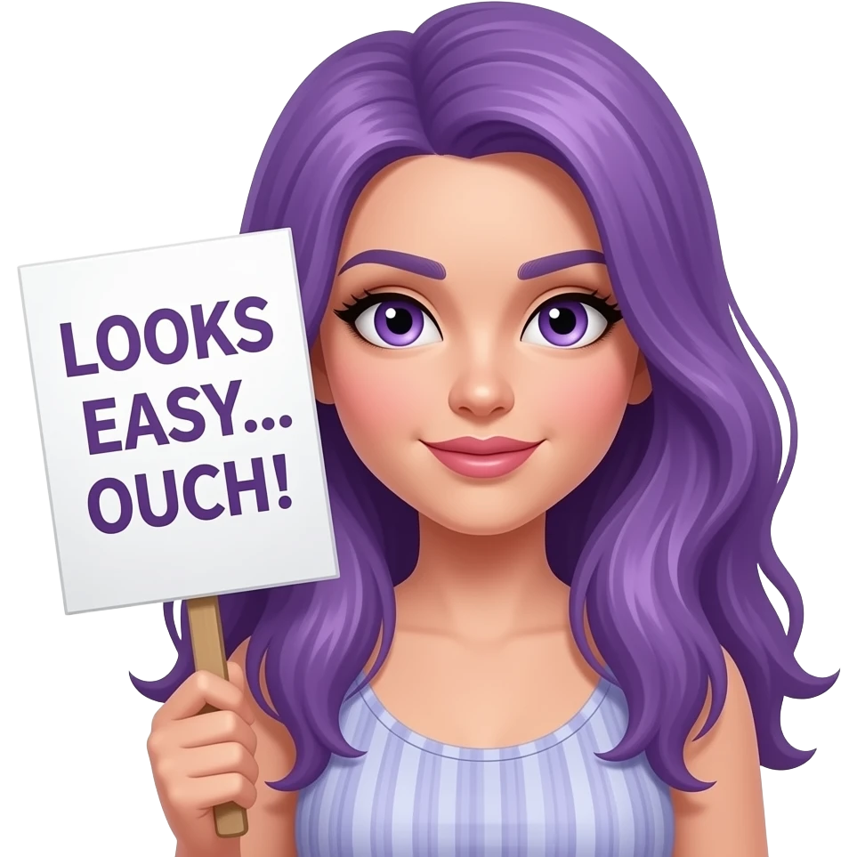sexy girl with long purple hair and purple eyes holding a LOOKS EASY... OUCH!sign emoji